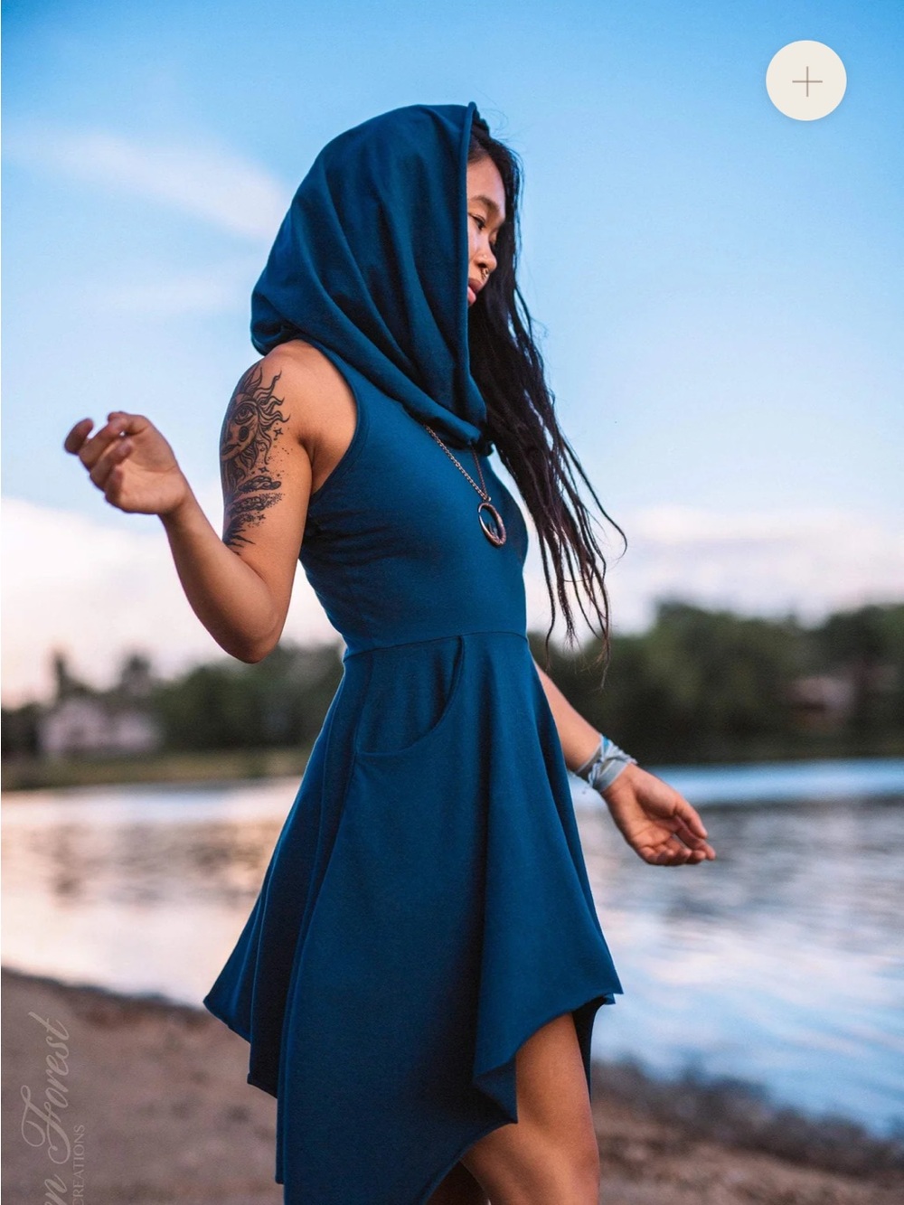 Elven Forest pixie Sleeveless Hooded Teal Dress with Pockets